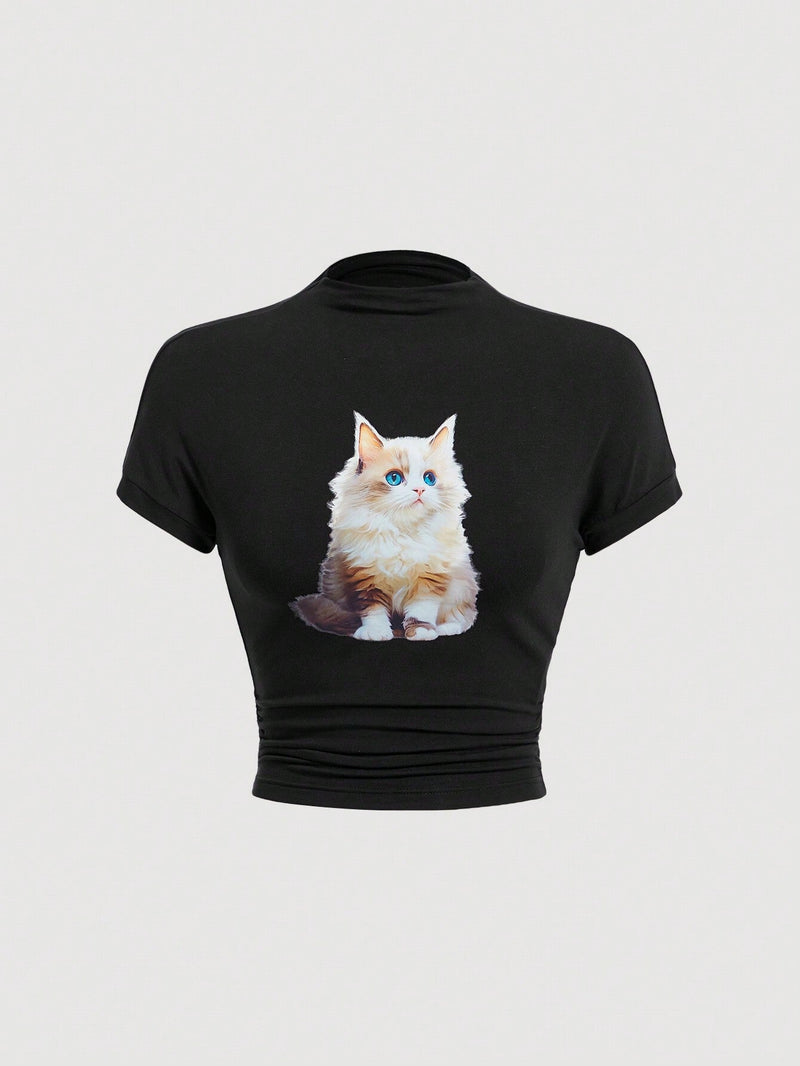 Qutie Camiseta De Media Manga Con Cuello De Tortuga Y Estampado De Gato Con Cintura Elastica Fruncida