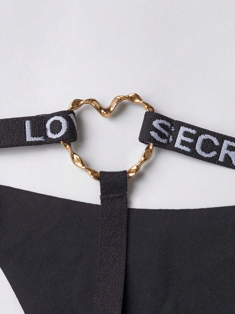 Tanga de jacquard con detalle de anillos de corazon para mujeres con letras