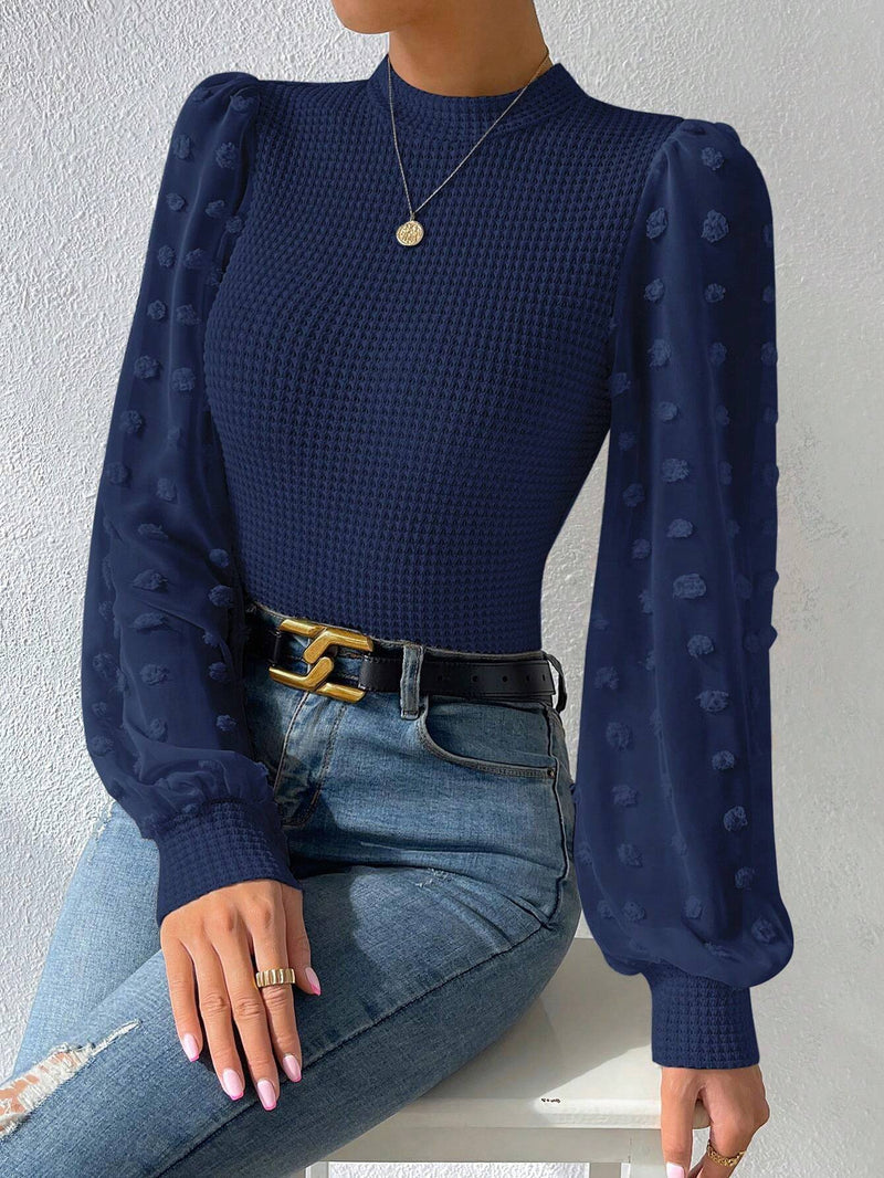 Prive Blusa De Manga Abullonada unicolor Con Cuello Alto Y Textura Para Mujer