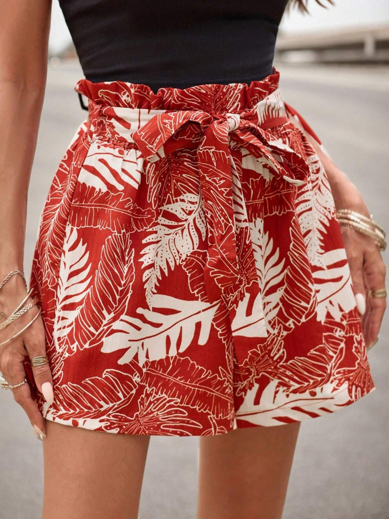 Frenchy Pantalones Cortos De Cintura Alta Con Estampado De Planta Y Bolsa De Papel Para Vacaciones De Verano