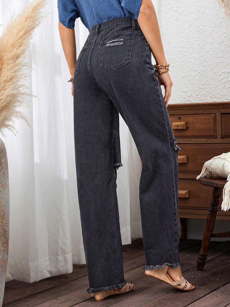 LUNE Jeans De Pierna Recta Con Dobladillo Deshilachado Y Desgastado