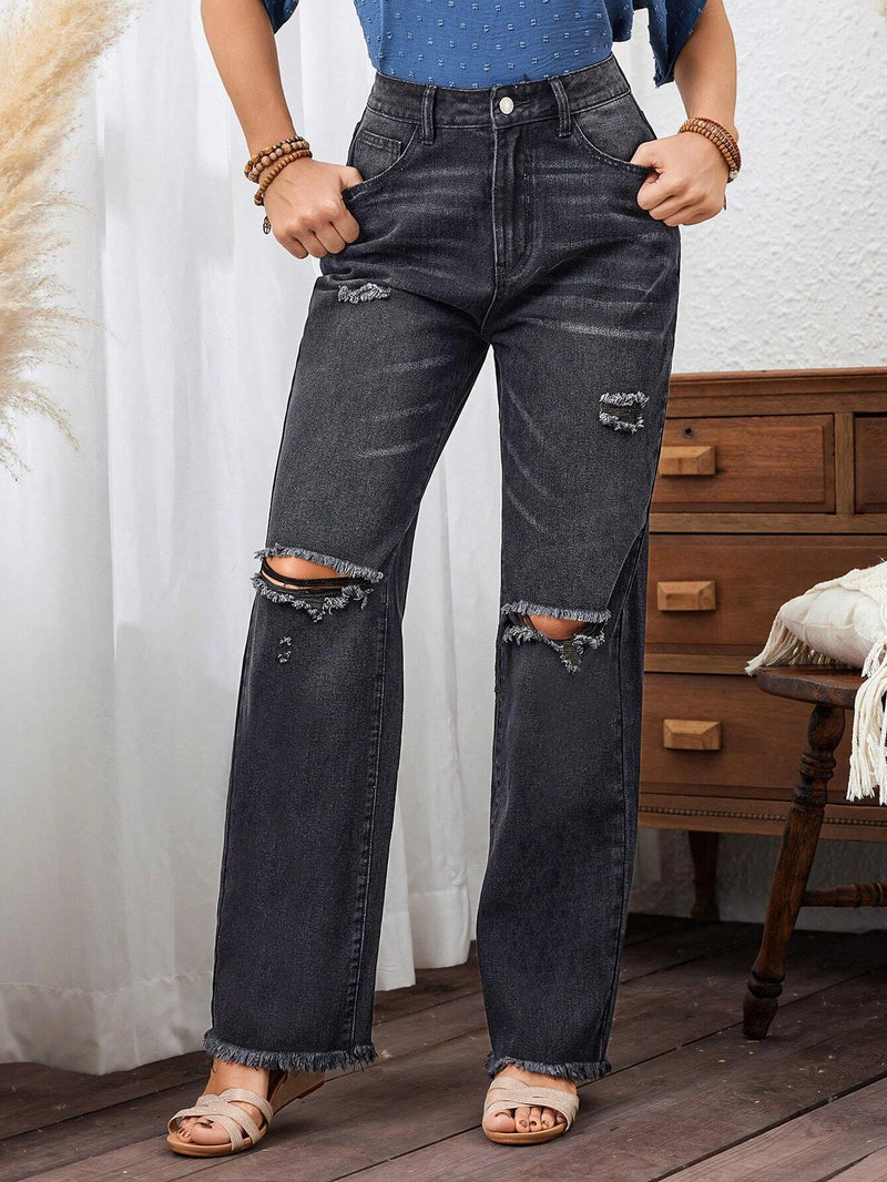 LUNE Jeans De Pierna Recta Con Dobladillo Deshilachado Y Desgastado