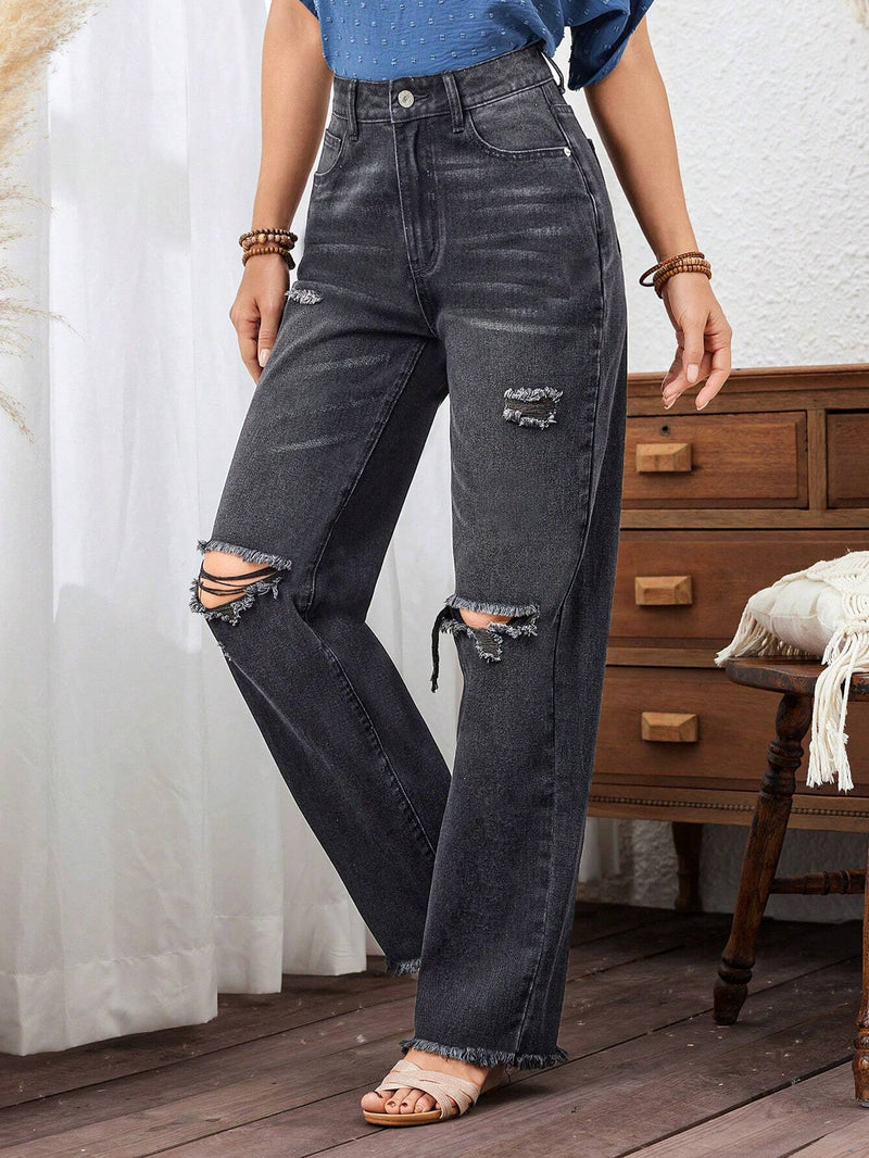 LUNE Jeans De Pierna Recta Con Dobladillo Deshilachado Y Desgastado