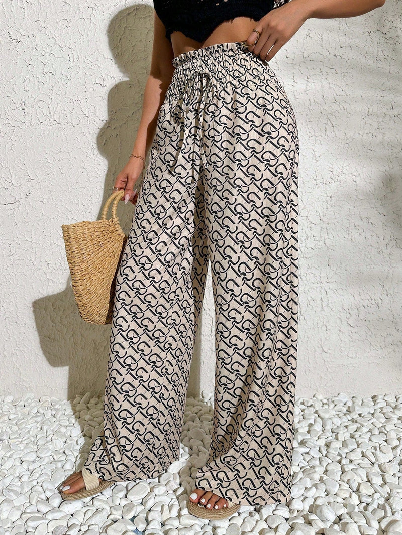 Pantalones anchos casuales y elegantes de estilo bohemio con tejido decorado de punto con diseno impreso en todo el pantalon, cintura fruncida y detalle de cordon