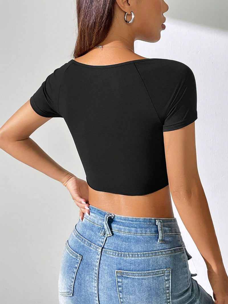 Camiseta De Manga Corta Para Mujer Con Cuello Cuadrado Asimetrico Y Dobladillo De Linea Cap, Color Solido Para El Verano