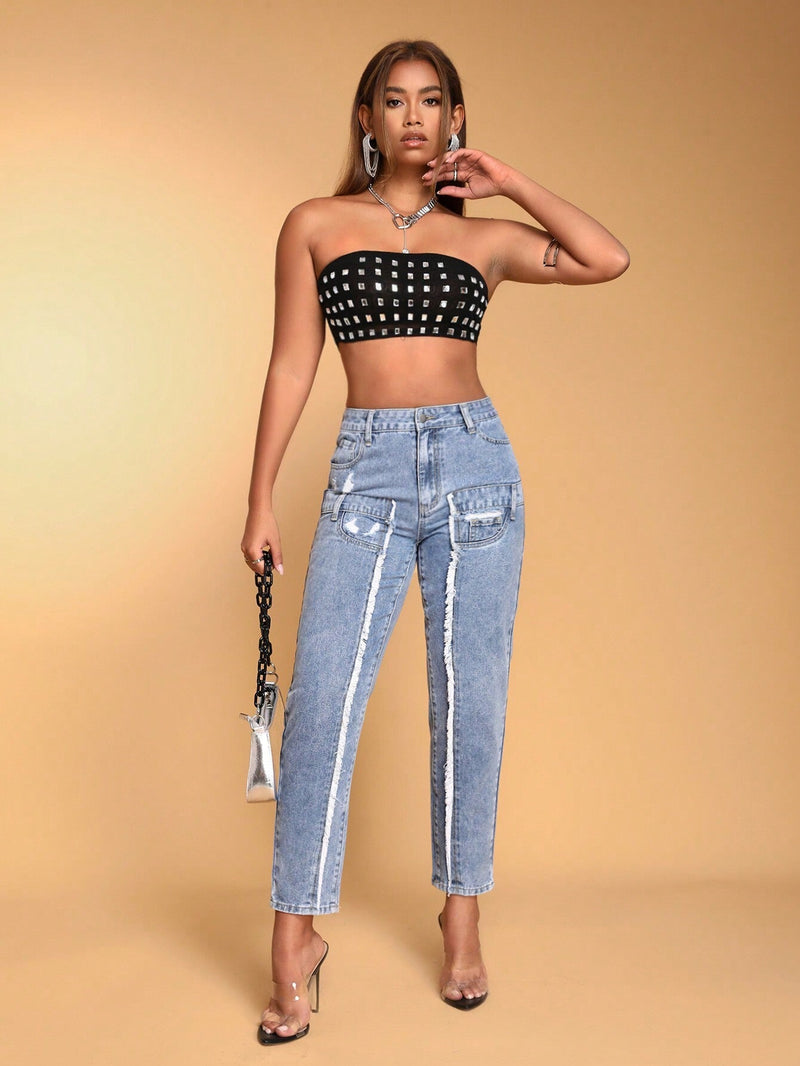 BAE Jeans Desgastados Simples Y Elegantes Para Mujeres