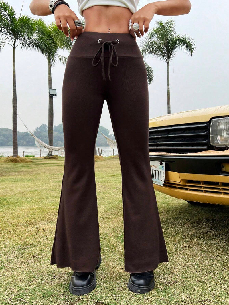 EZwear Pantalones Acampanados De Punto Marron Para Mujer