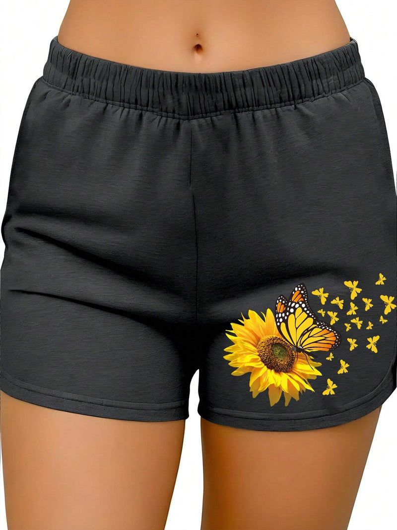 Essnce Shorts Casuales De Cintura Elastica Para Mujer Con Estampado De Girasoles Y Mariposas