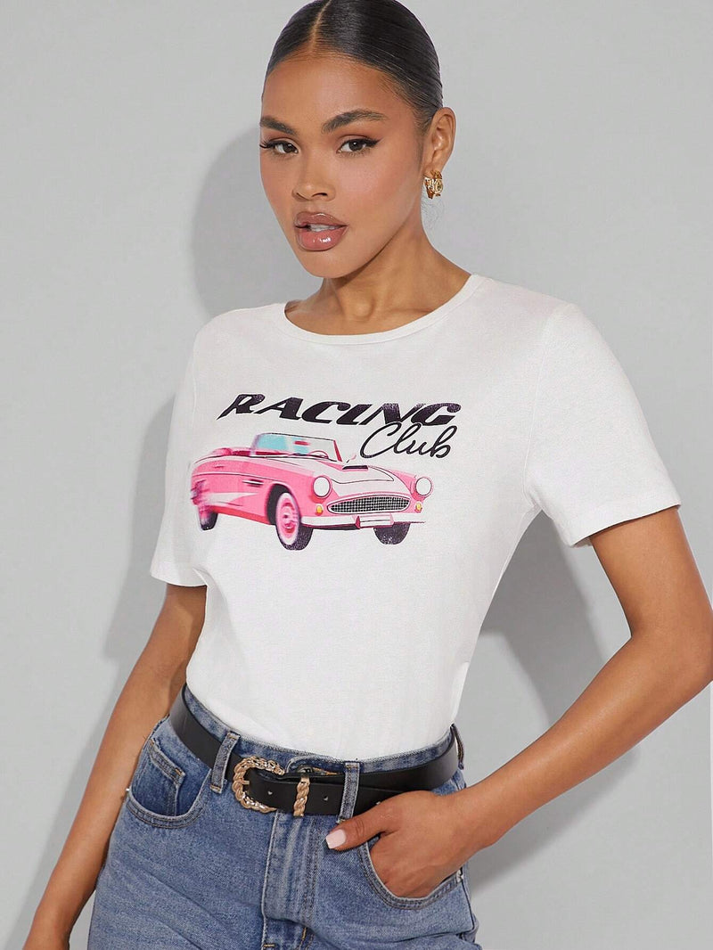 Camiseta De Manga Corta Con Grafico De Coche De Carreras