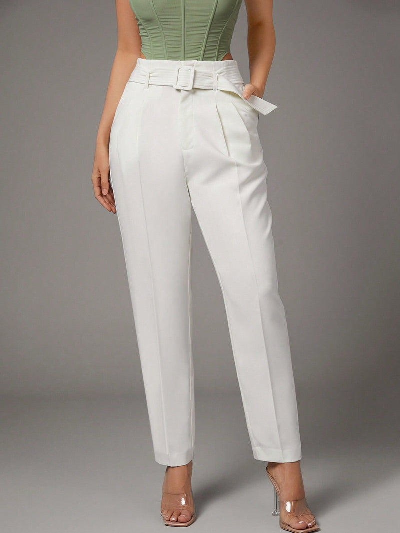 BAE Ropa de verano Blanca con cinturon ajustable para mujer Casual, pantalones zanahoria ajustados con forma conica