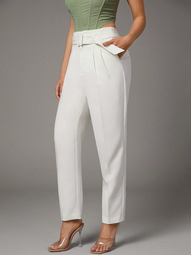 BAE Ropa de verano Blanca con cinturon ajustable para mujer Casual, pantalones zanahoria ajustados con forma conica