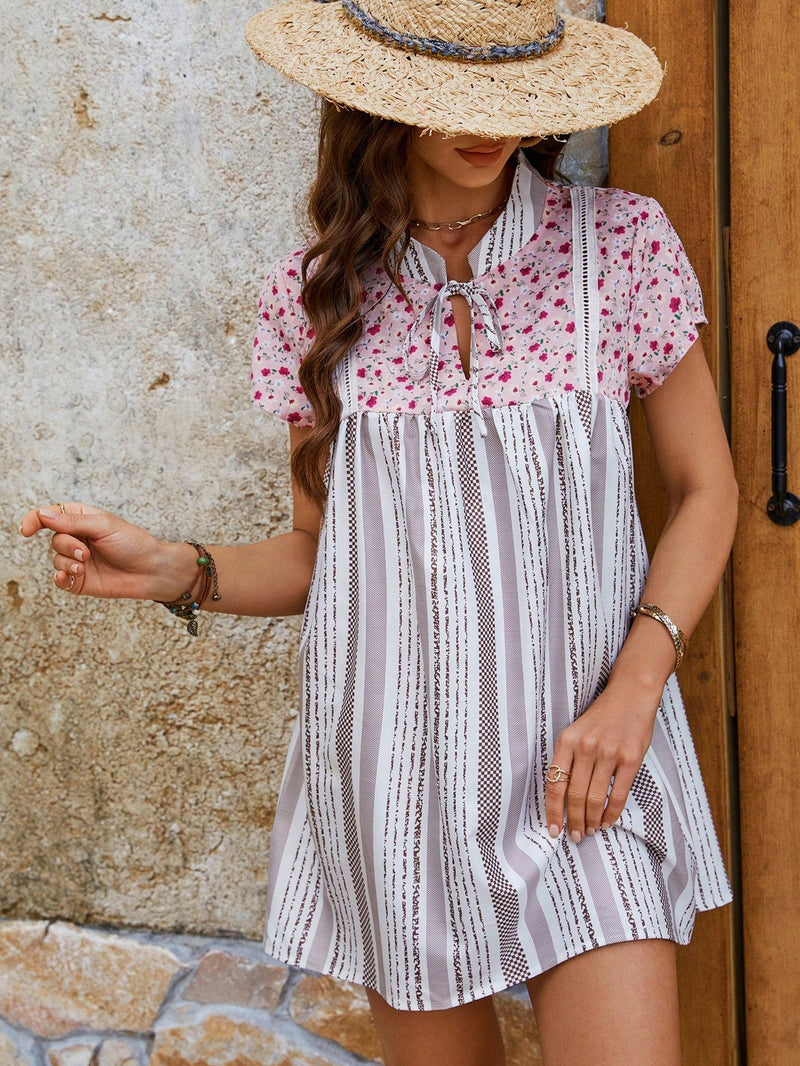 LUNE Camisa Estampada De Flores Pequenas De Verano Casual Con Parches