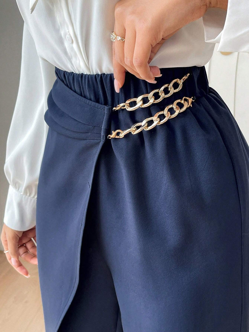 Modely Pantalones De Pierna Recta Para Mujer Con Detalles De Cadena, Casuales Y Versatiles