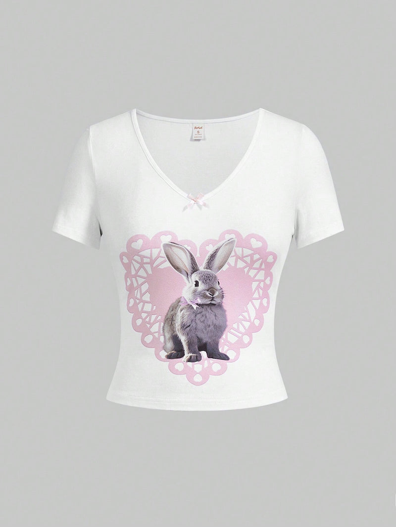 ROMWE Kawaii Camiseta De Manga Corta Con Cuello En V Y Estampado De Conejito De Verano