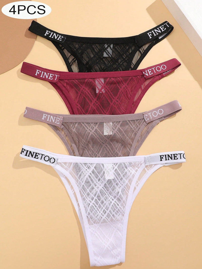 Conjunto de 4 piezas de cinturillas para mujeres de color solido con diseno de impresion de letras, comodo y transpirable tanga de encaje