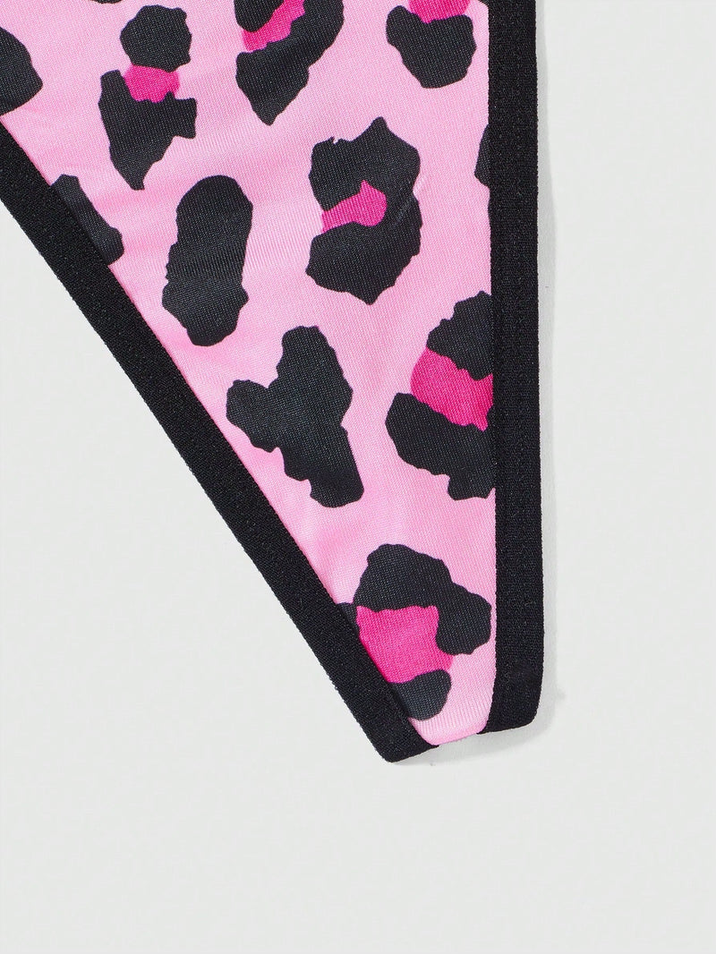 ROMWE Kawaii Ropa Interior De Tanga Con Estampado De Leopardo Rosa En Forma De Corazon Para Chicas Shibuya Gal