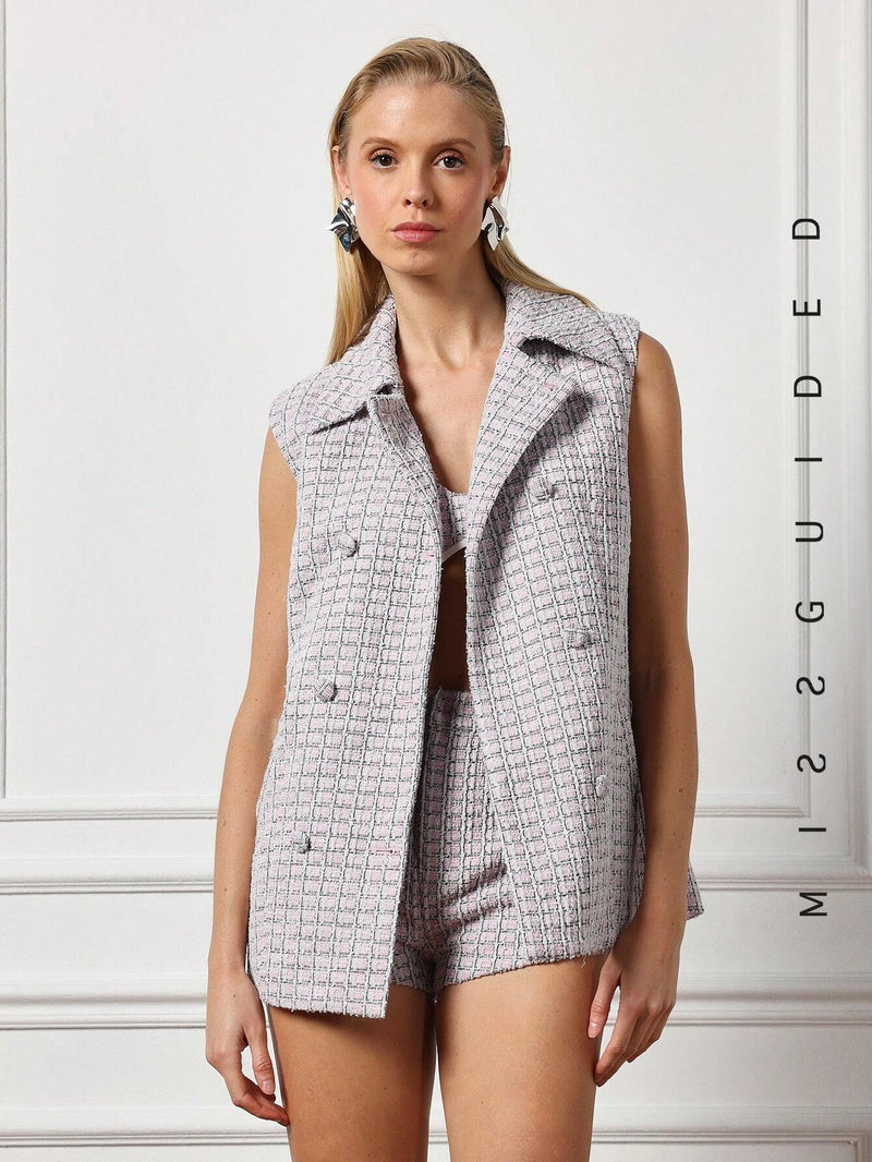 MISSGUIDED Chaleco sin mangas con botones dobles y tweed