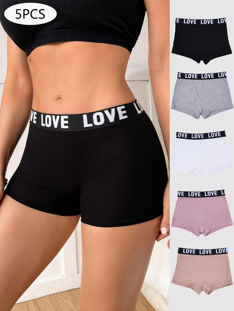 5 piezas Deportivos Shorts boxers con cintura estampada con letras para mujeres para deportes y uso casual