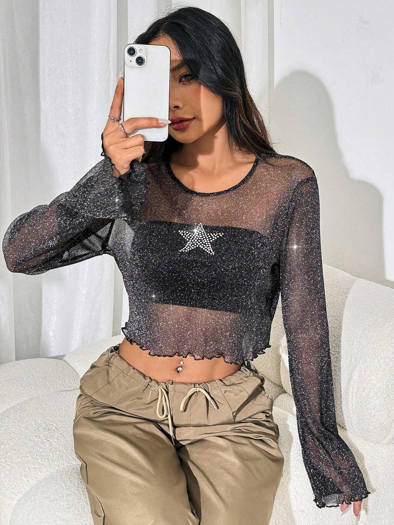 EZwear Top De Malla Transparente Con Corte De Lechuga Y Estampado De Estrellas