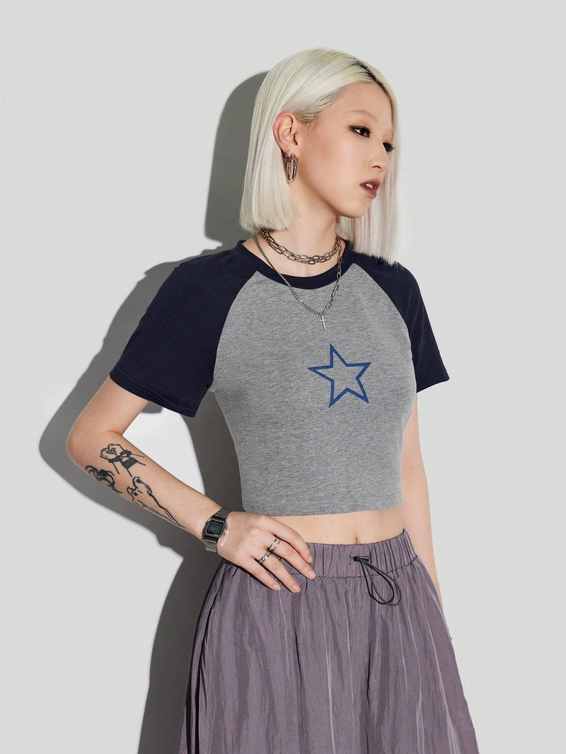 Coolane Camiseta corta con mangas raglan y estampado de estrellas para mujer con bloques de color