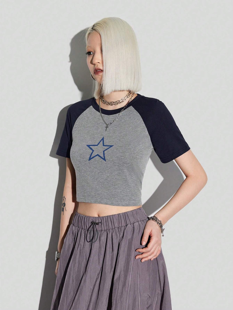 Coolane Camiseta corta con mangas raglan y estampado de estrellas para mujer con bloques de color