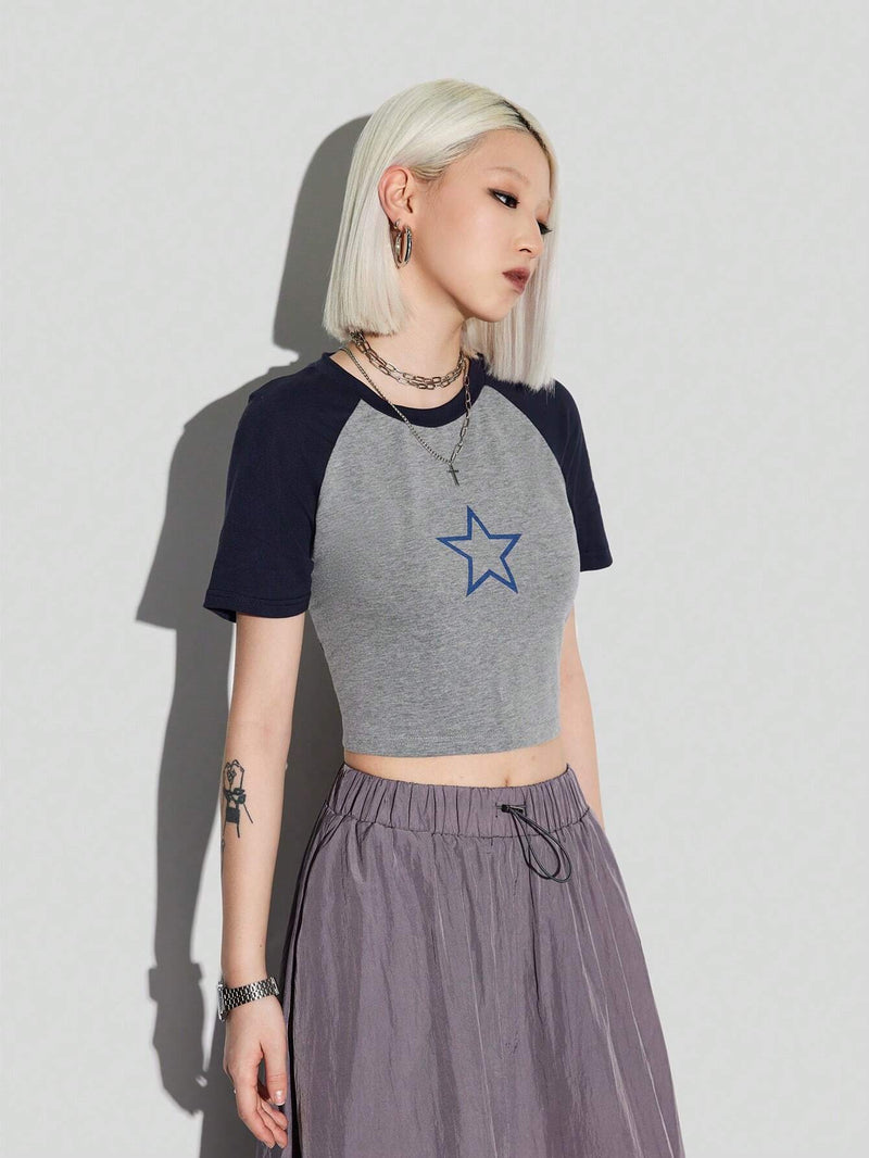 Coolane Camiseta corta con mangas raglan y estampado de estrellas para mujer con bloques de color