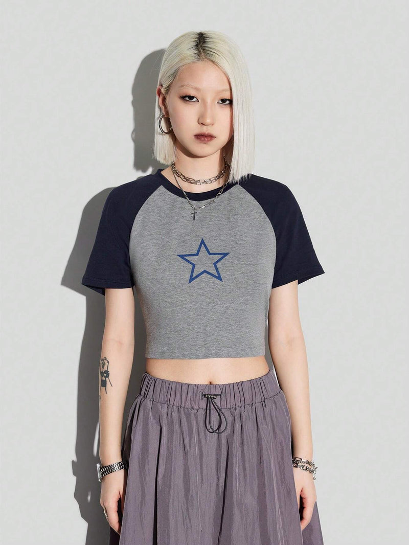 Coolane Camiseta corta con mangas raglan y estampado de estrellas para mujer con bloques de color