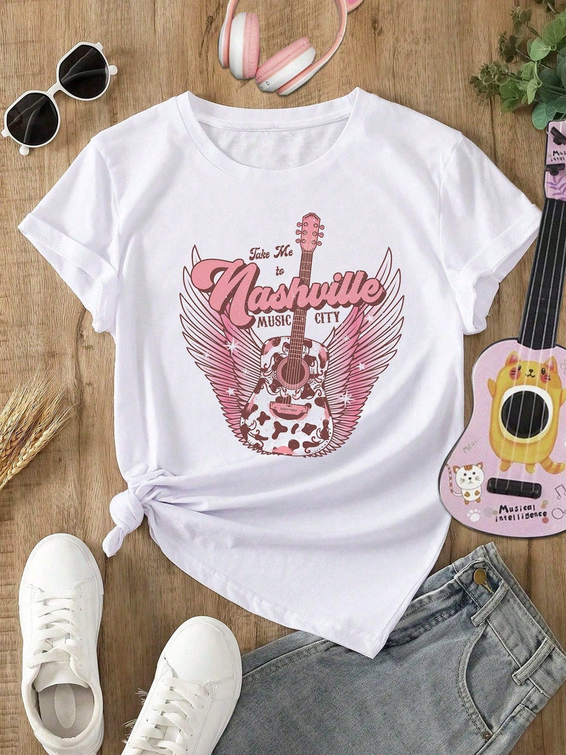 Camiseta Entallada Para Mujer Con Estampado De Letras Y Guitarra