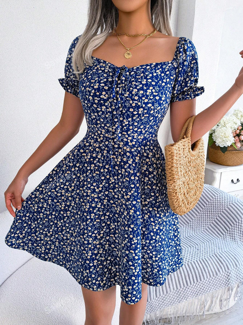 Vestido de primavera/verano informal con cintura ajustable con cordon y diseno de flores