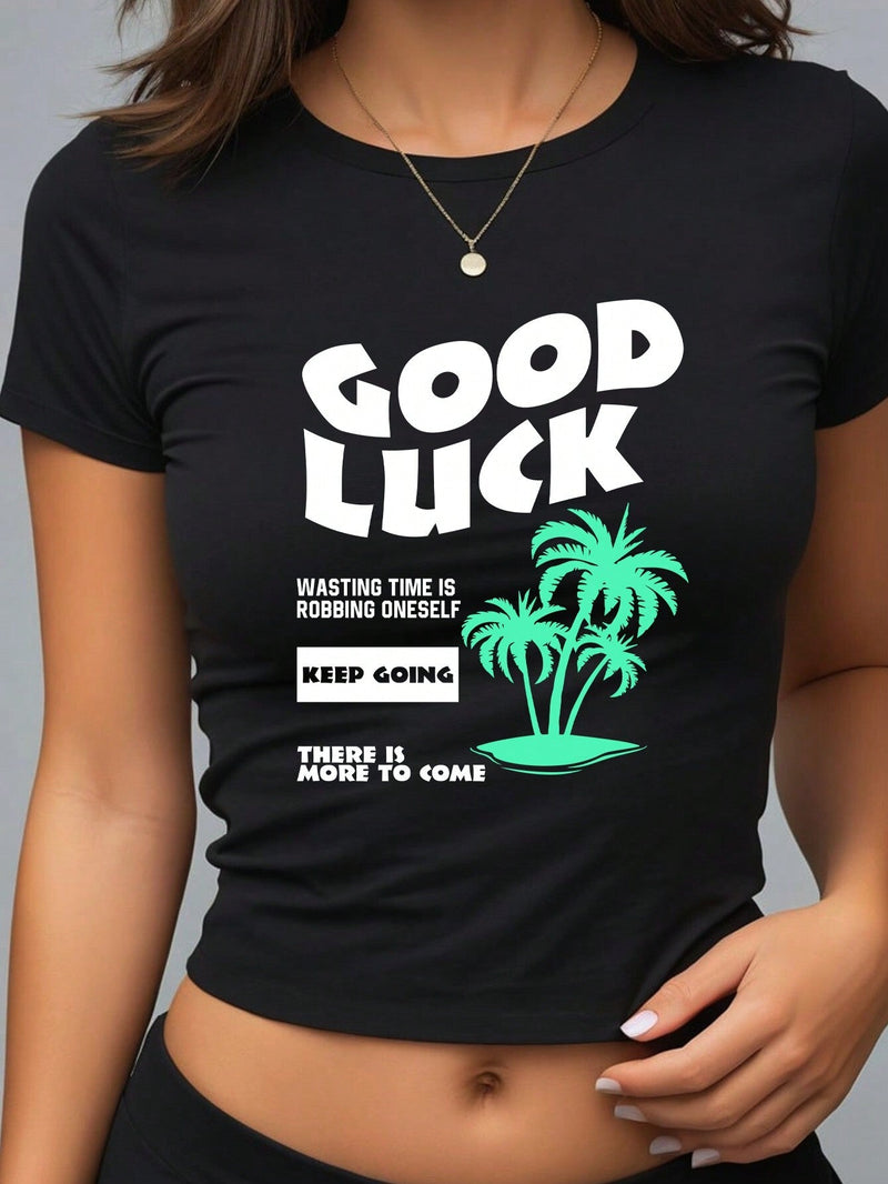 Camiseta De Verano Con Mangas Cortas Y Estampado De Arbol De Coco Y Letras Para Mujer, Casual