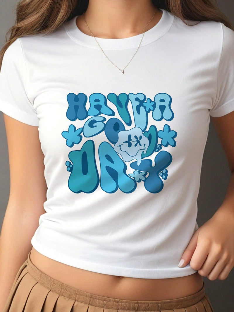 Camiseta De Manga Corta Con Estampado De Letras Y Dibujos Animados Para Mujeres