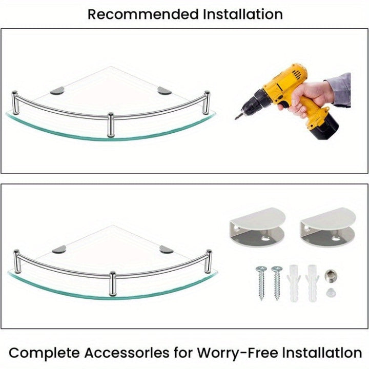 1 Paquete De 2 Piezas, Estantes De Ducha De Vidrio Templado Con Rieles, Montado En La Pared, Fácil Instalación De Taladro Para Almacenamiento En Esquina, Estante De Ducha De Esquina Transparente