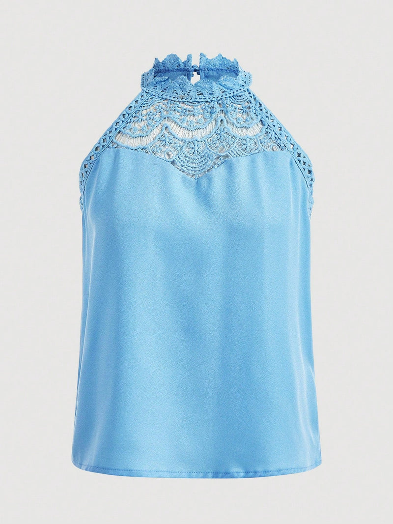 Prive Elegante Blusa De Cuello Halter Con Encaje Azul