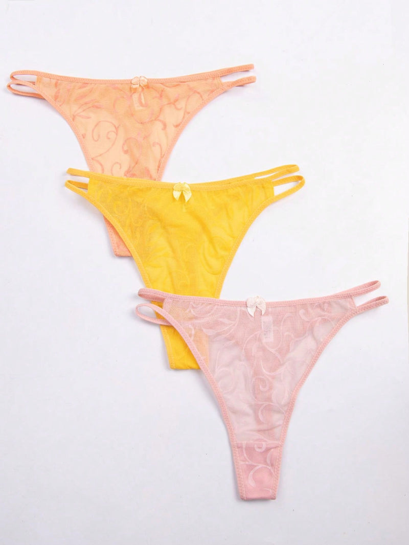 3 piezas de tanga sexy para mujer con detalle decorado de lazo en malla transparente