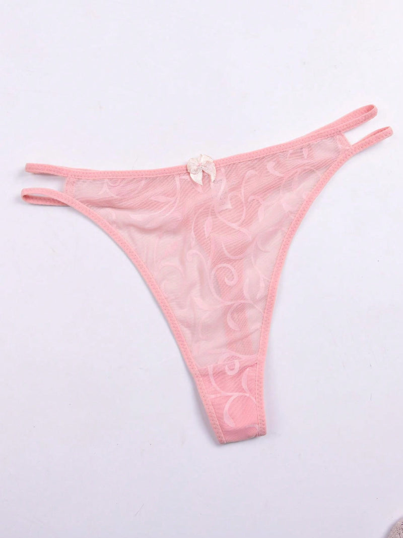 3 piezas de tanga sexy para mujer con detalle decorado de lazo en malla transparente