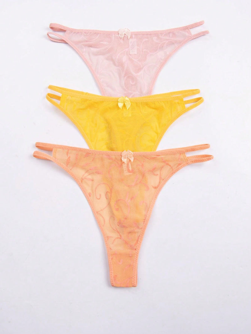 3 piezas de tanga sexy para mujer con detalle decorado de lazo en malla transparente