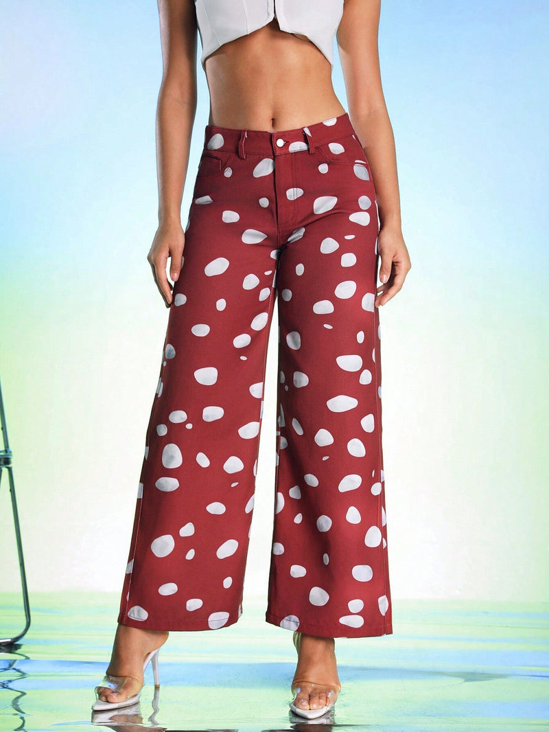 MUSMIN Pantalon De Pierna Ancha Con Estampado De Lunares