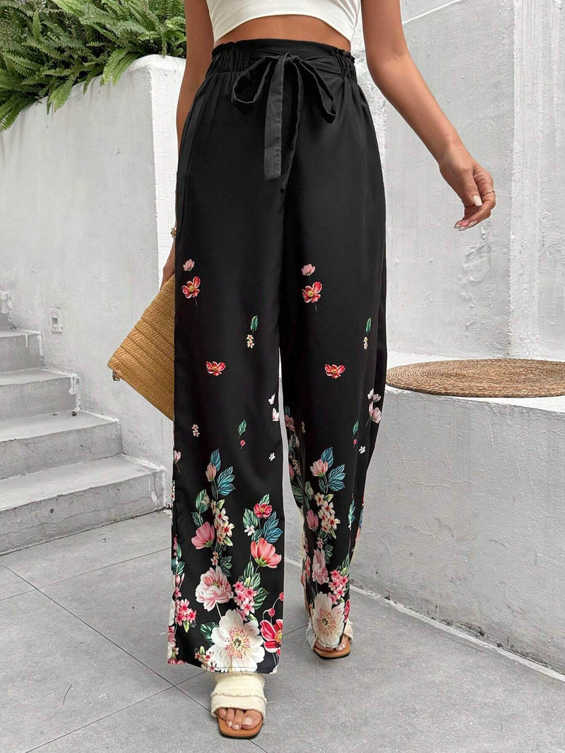 LUNE Pantalones De Pierna Recta Con Cordon Y Estampado Floral Para Mujer