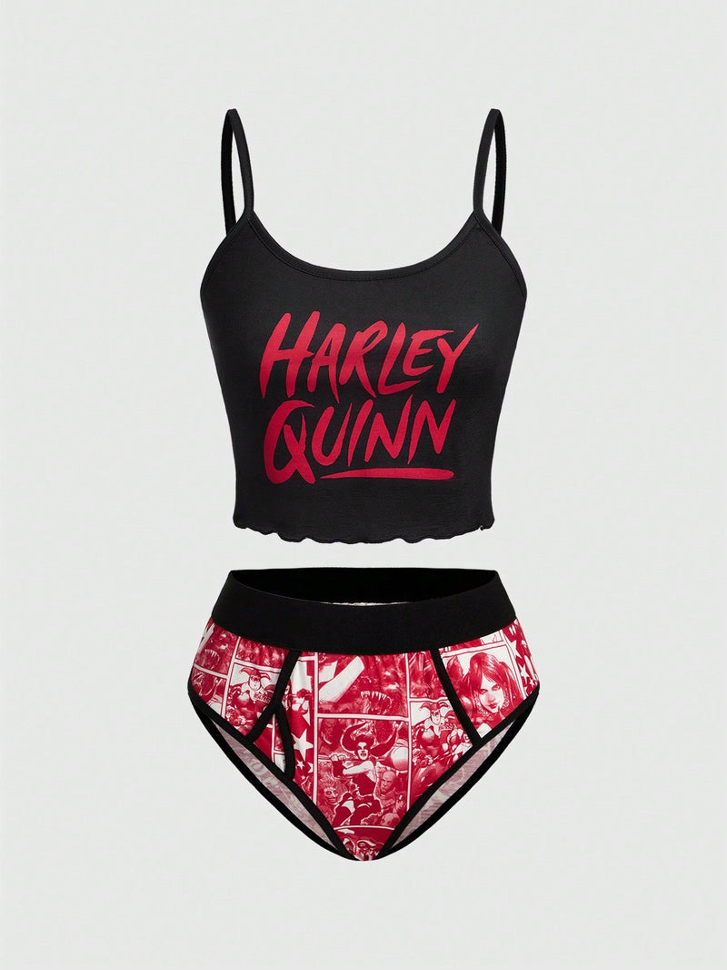 Harley Quinn | ROMWE Conjunto De Lenceria De Bralette De Tirantes Spaghetti Estampado Harlequin Y Panty De Triangulo De Bloques De Color Para Mujeres