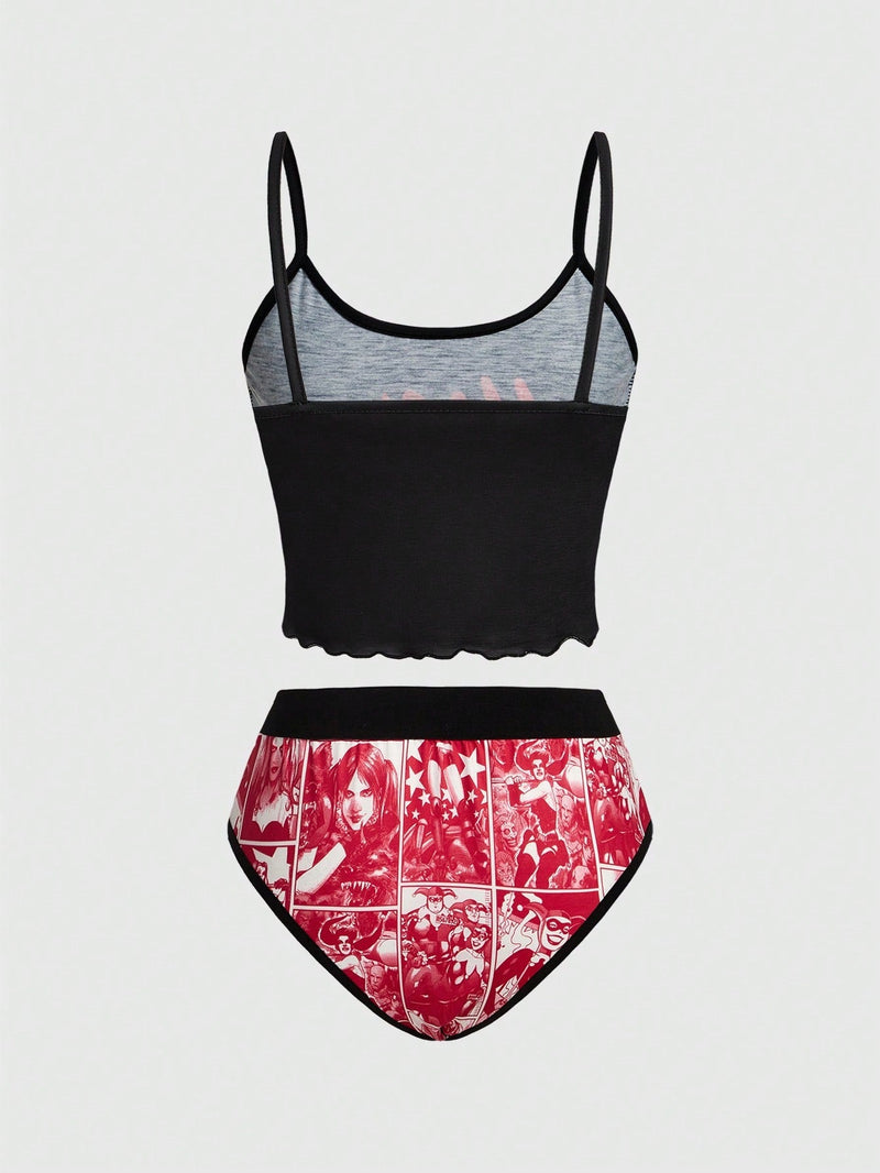 Harley Quinn | ROMWE Conjunto De Lenceria De Bralette De Tirantes Spaghetti Estampado Harlequin Y Panty De Triangulo De Bloques De Color Para Mujeres