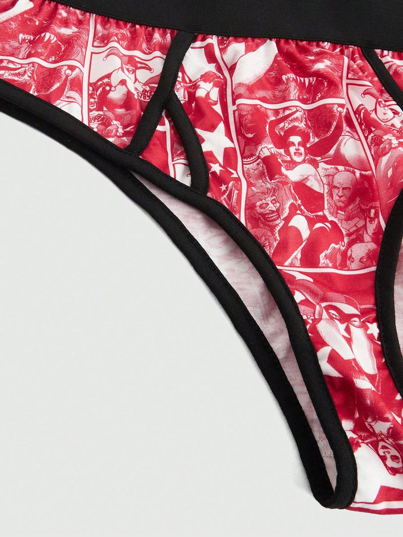 Harley Quinn | ROMWE Conjunto De Lenceria De Bralette De Tirantes Spaghetti Estampado Harlequin Y Panty De Triangulo De Bloques De Color Para Mujeres