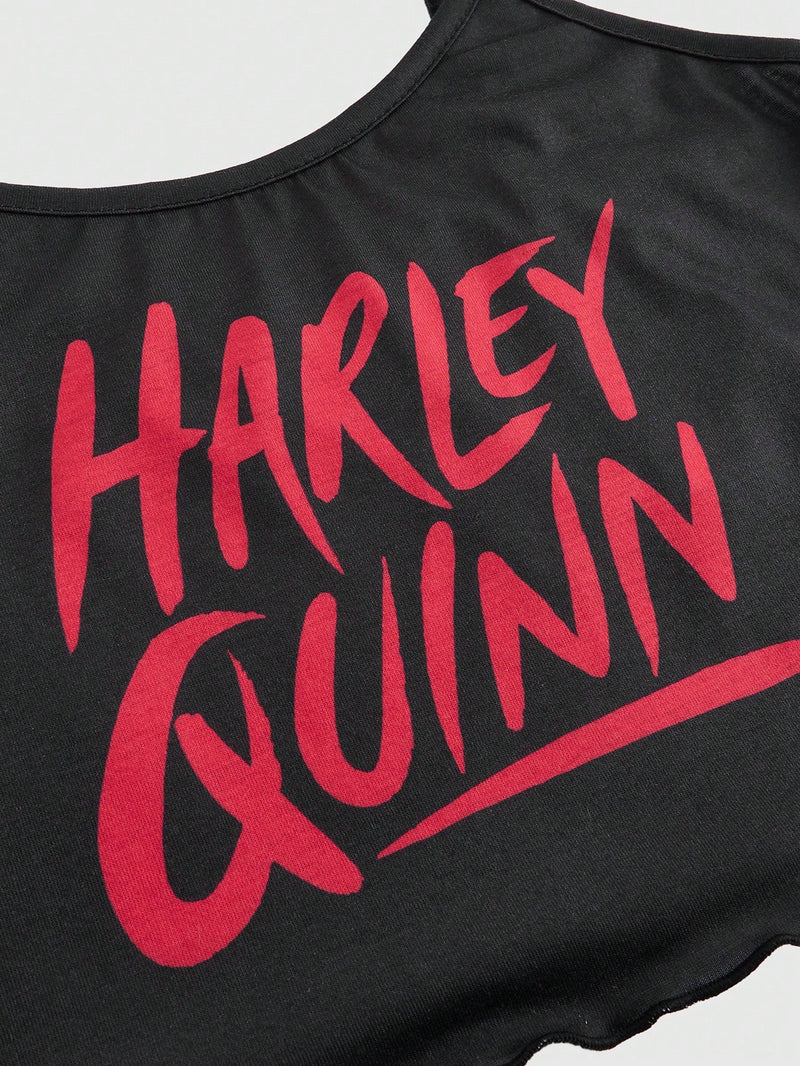 Harley Quinn | ROMWE Conjunto De Lenceria De Bralette De Tirantes Spaghetti Estampado Harlequin Y Panty De Triangulo De Bloques De Color Para Mujeres