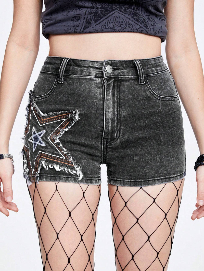 ROMWE Grunge Punk Shorts Vaqueros De Mujer Con Parche En Forma De Estrella