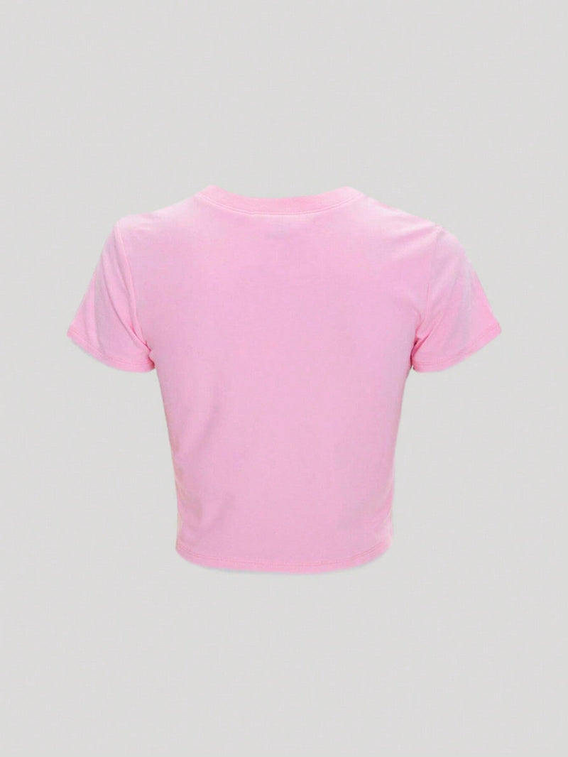 Camiseta De Verano Para Mujer Con Eslogan Impreso, Ajuste Cenido Y Corto