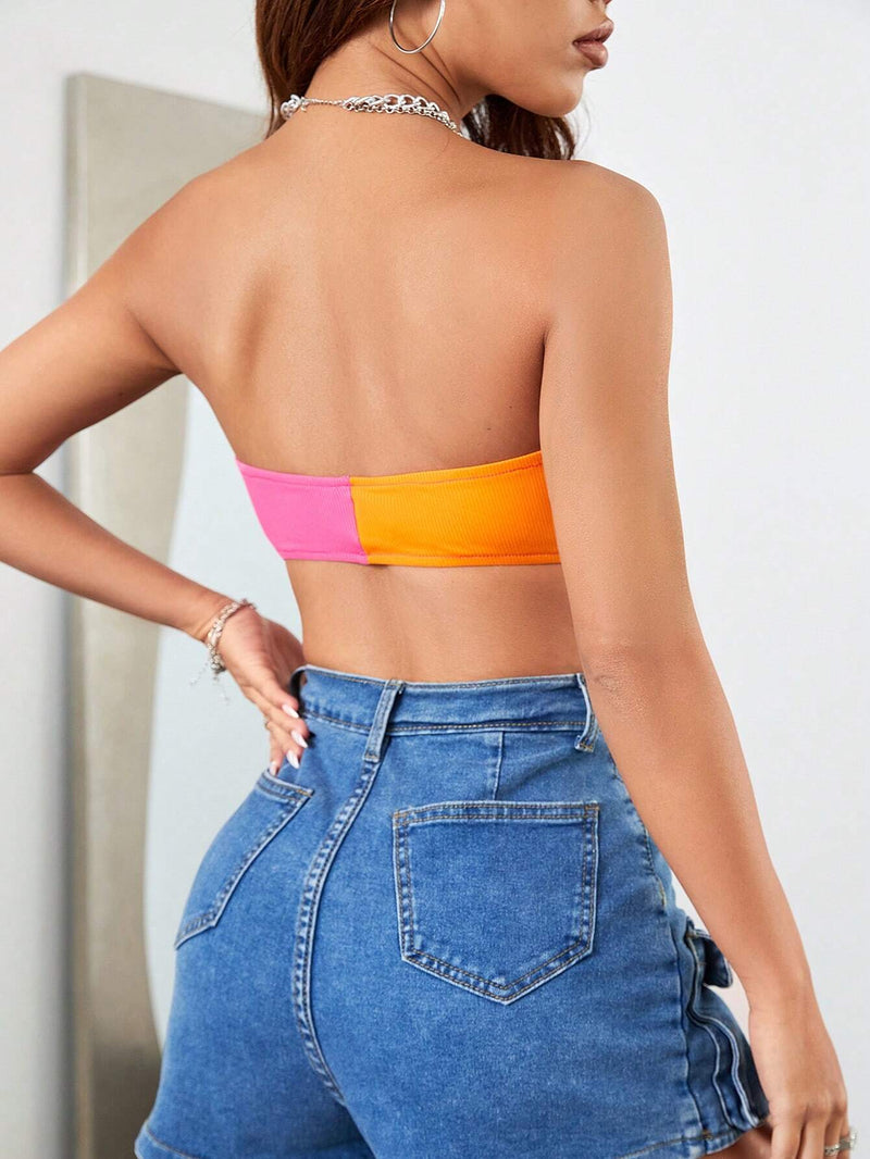 EZwear Top Sexy Sin Tirantes Con Bloqueo De Color Para Mujeres