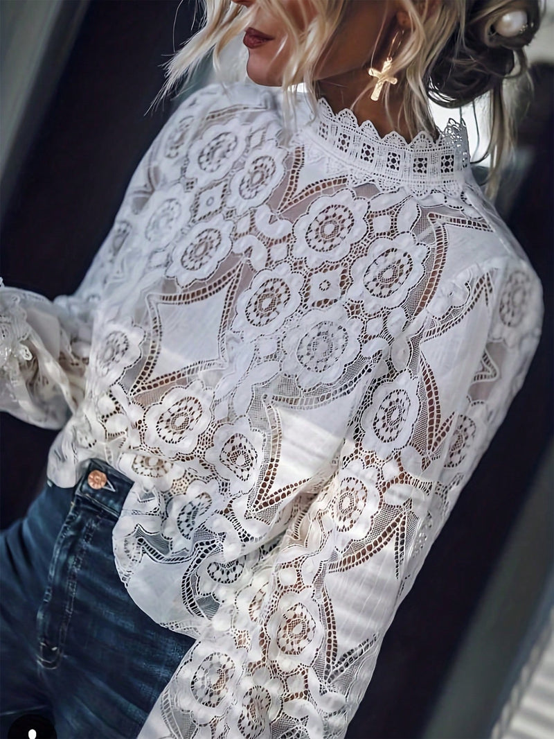 Camisa Elegante Hueca De Manga Larga Y Cuello Alto Para Mujer En Primavera Y Verano