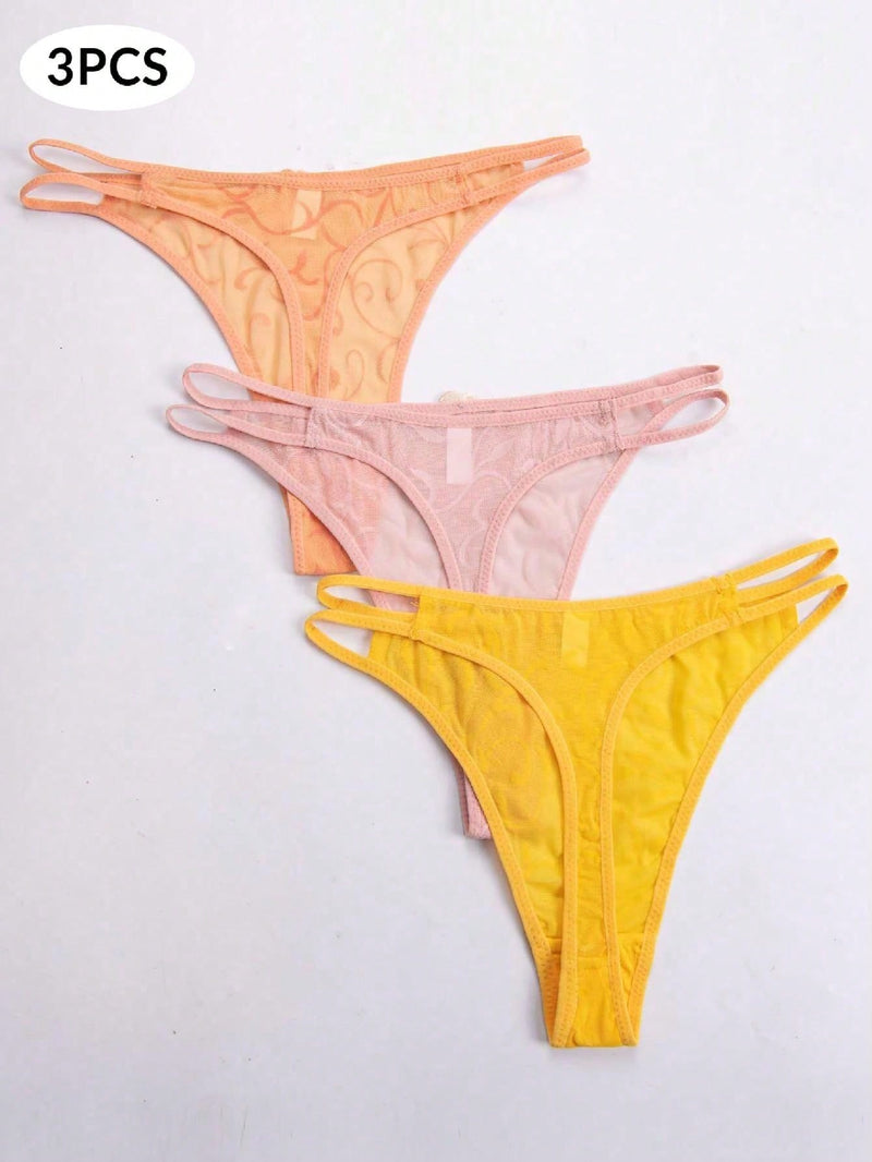 3 piezas de tanga sexy para mujer con detalle decorado de lazo en malla transparente