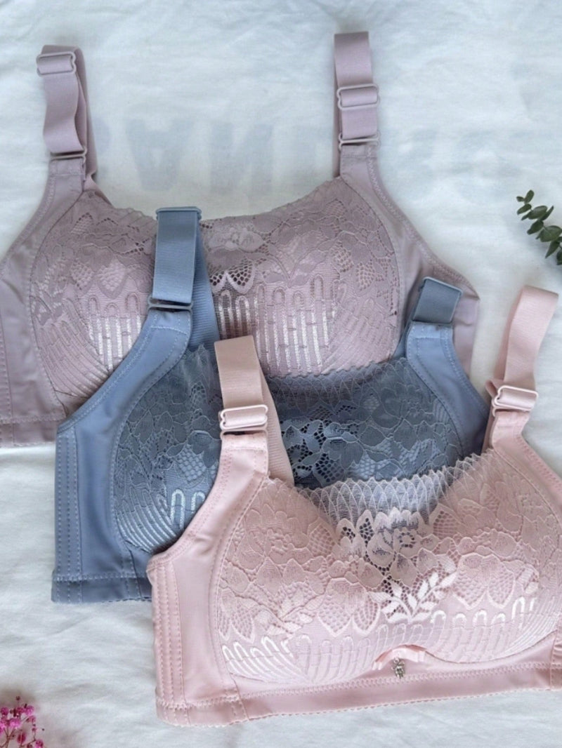 Conjunto De 3 Sujetadores De Encaje Inalambricos Para Mujeres, Comodos, Con Realce, Transpirables, En Rosa/azul/gris, Adecuados Para Uso Diario