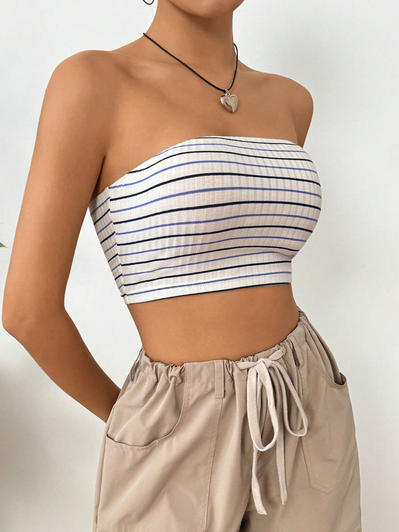 EZwear Top Strapless Corto De Mujer De Verano Con Rayas Y Bloque De Color, Diseno Ajustado