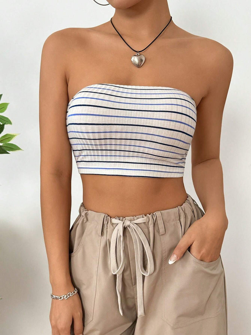 EZwear Top Strapless Corto De Mujer De Verano Con Rayas Y Bloque De Color, Diseno Ajustado